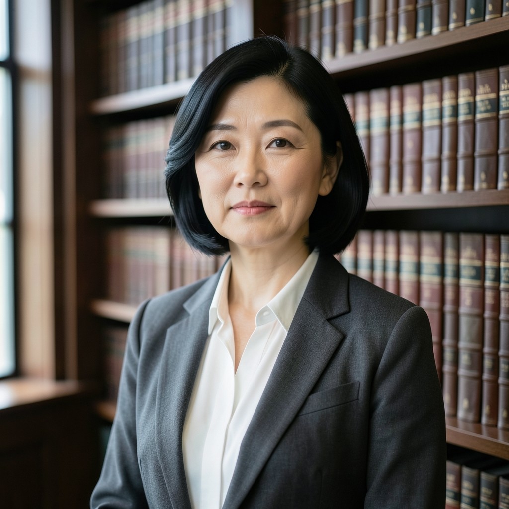 Portrait of a woman in a charcoal blazer standing beside library shelves