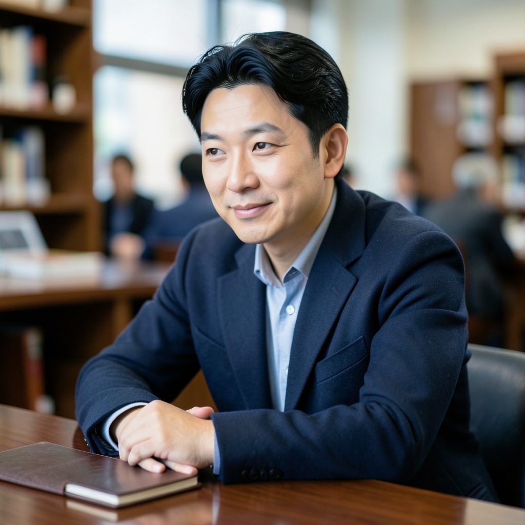 Portrait of a man in a navy jacket seated at a library table