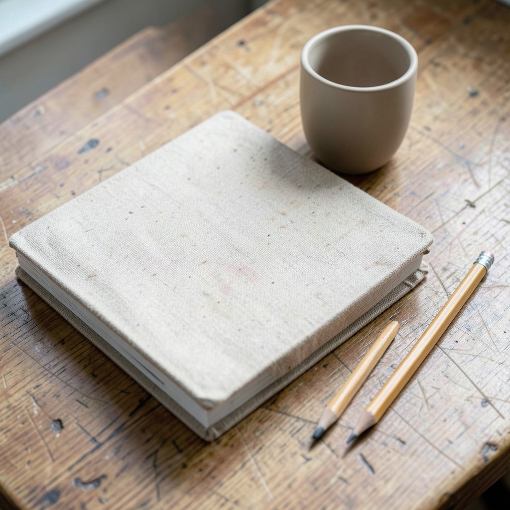 A closed binder, a pencil, and a ceramic cup on a library table