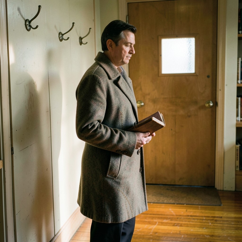 An adult with a notebook and coat standing in a library entrance