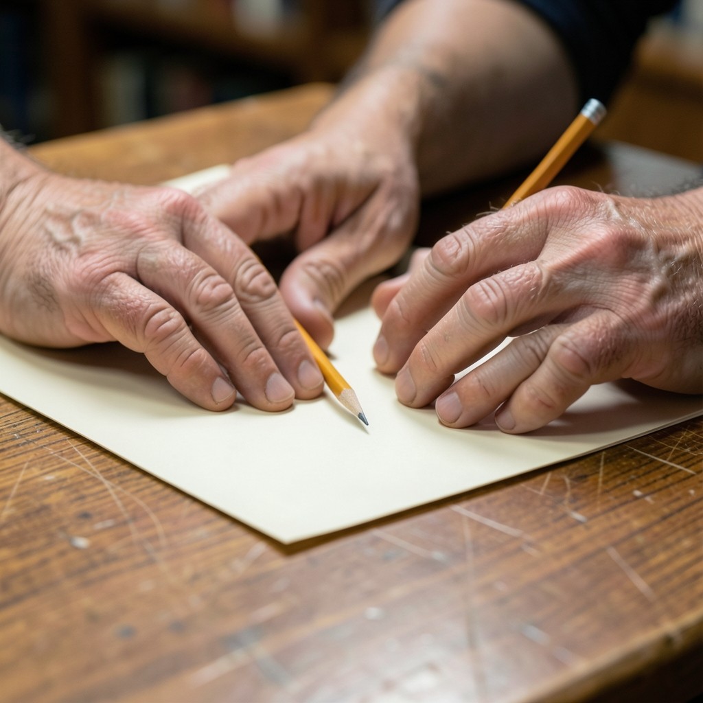 Hands resting beside unmarked paper on a wooden library desk