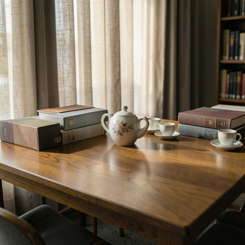 Sunlit reading room with a long oak table, closed binders, and linen curtains