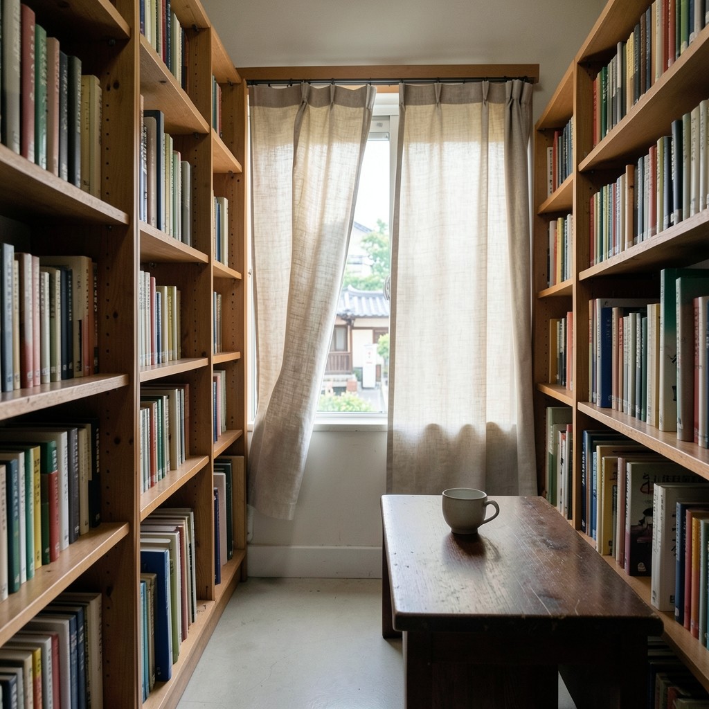 Wide view of a library aisle with shelves, a window, and a reading table
