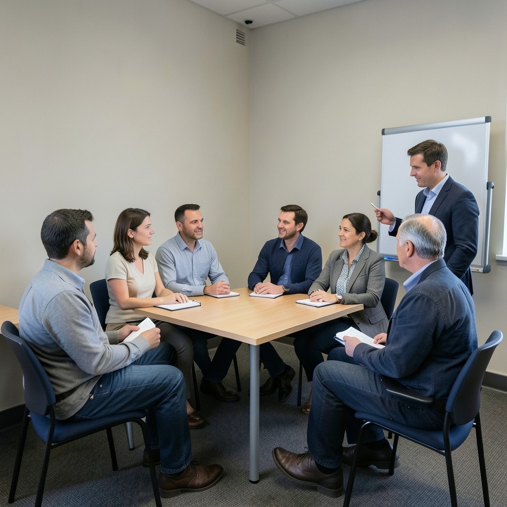 A small group of adults seated in a plain meeting corner of a library