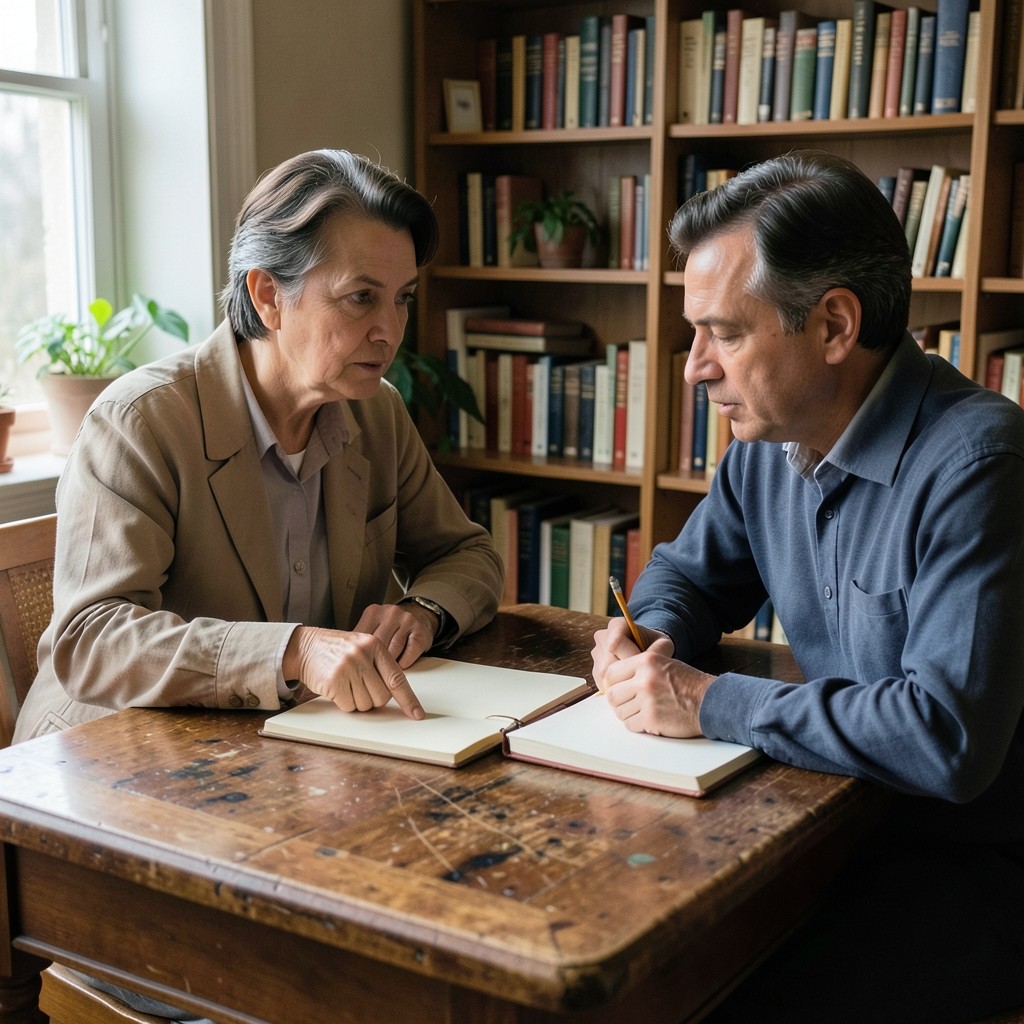Two adults at a wooden desk reviewing a printed page in a reading room