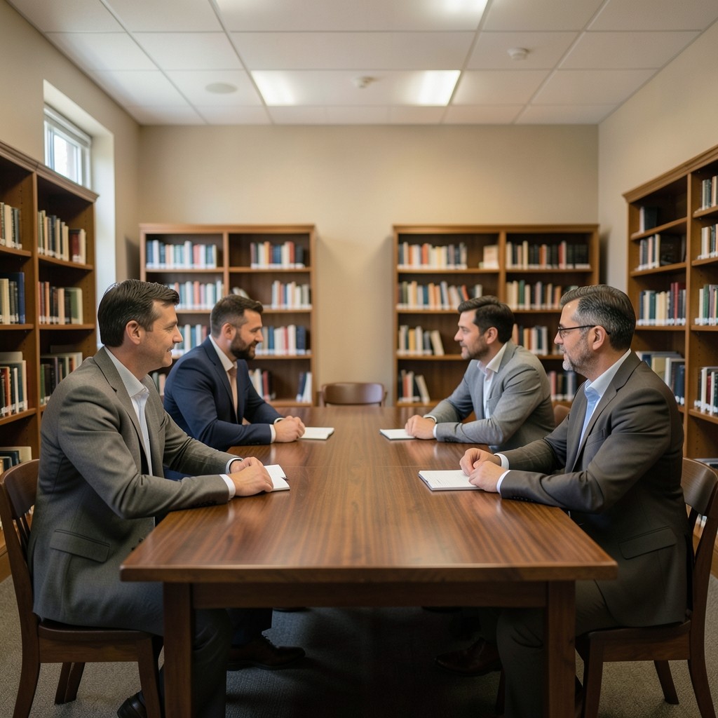 Four adults seated around a library table with open binders during a study circle