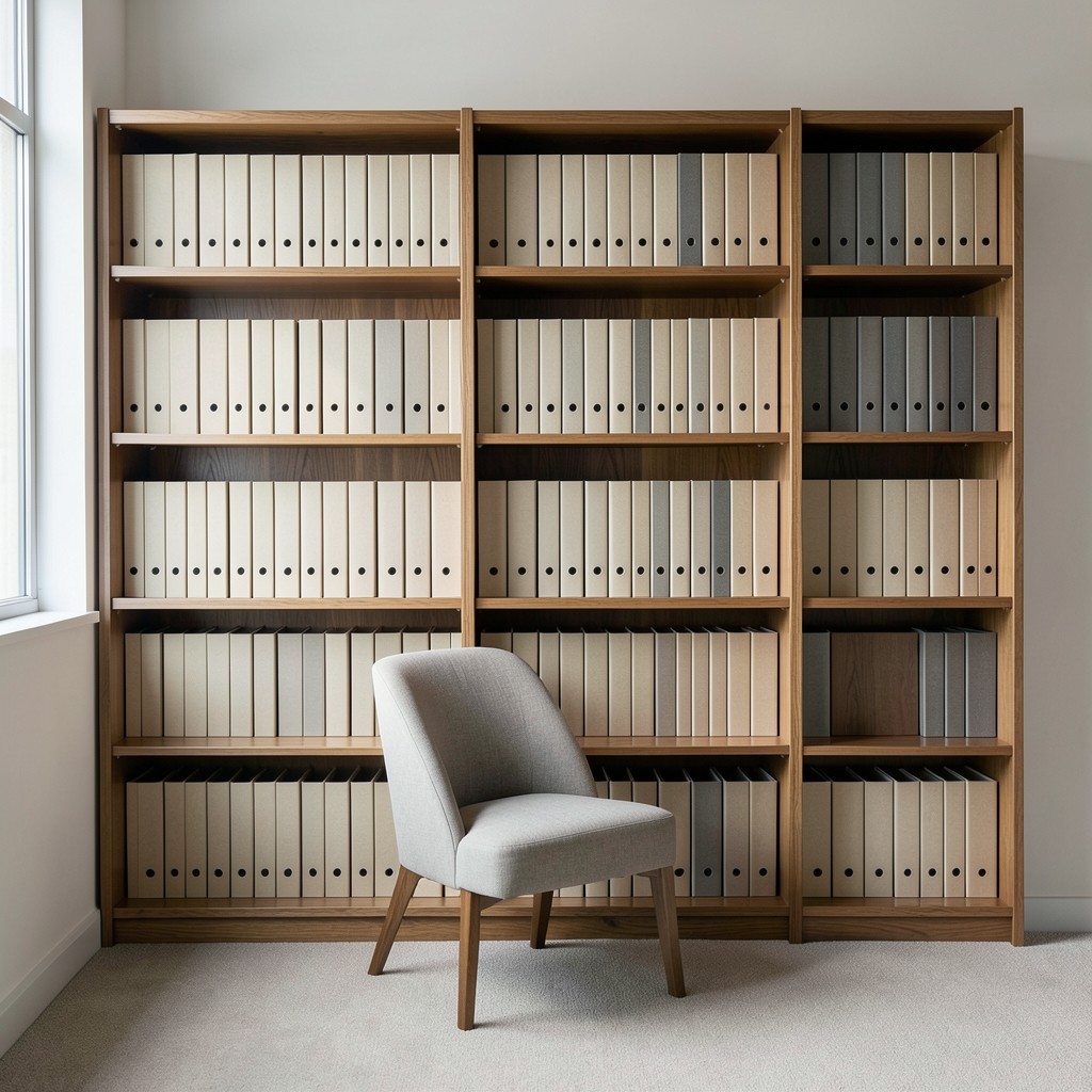 Neat wooden shelves filled with clothbound binders in a small library